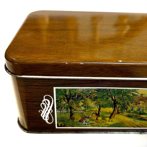 Vintage Village Art Litho Tin Box Brown Green Silver White House Trees Horses - Picture 14 of 15